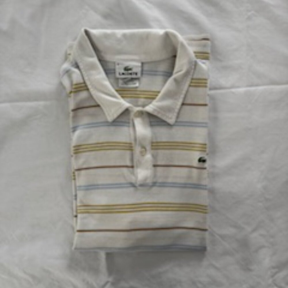 Lacoste polo shirt size 6 white, blue, gold stripe